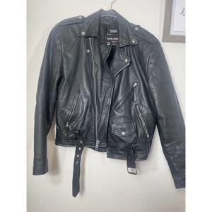 Wilsons Thinsulate Black Biker Motorcycle Leather Jacket Size Medium Belted